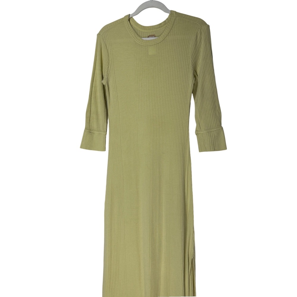 VTG Free People Free-est Vance Ribbed Slit Leg Maxi Dress Yellow-Green Cotton S